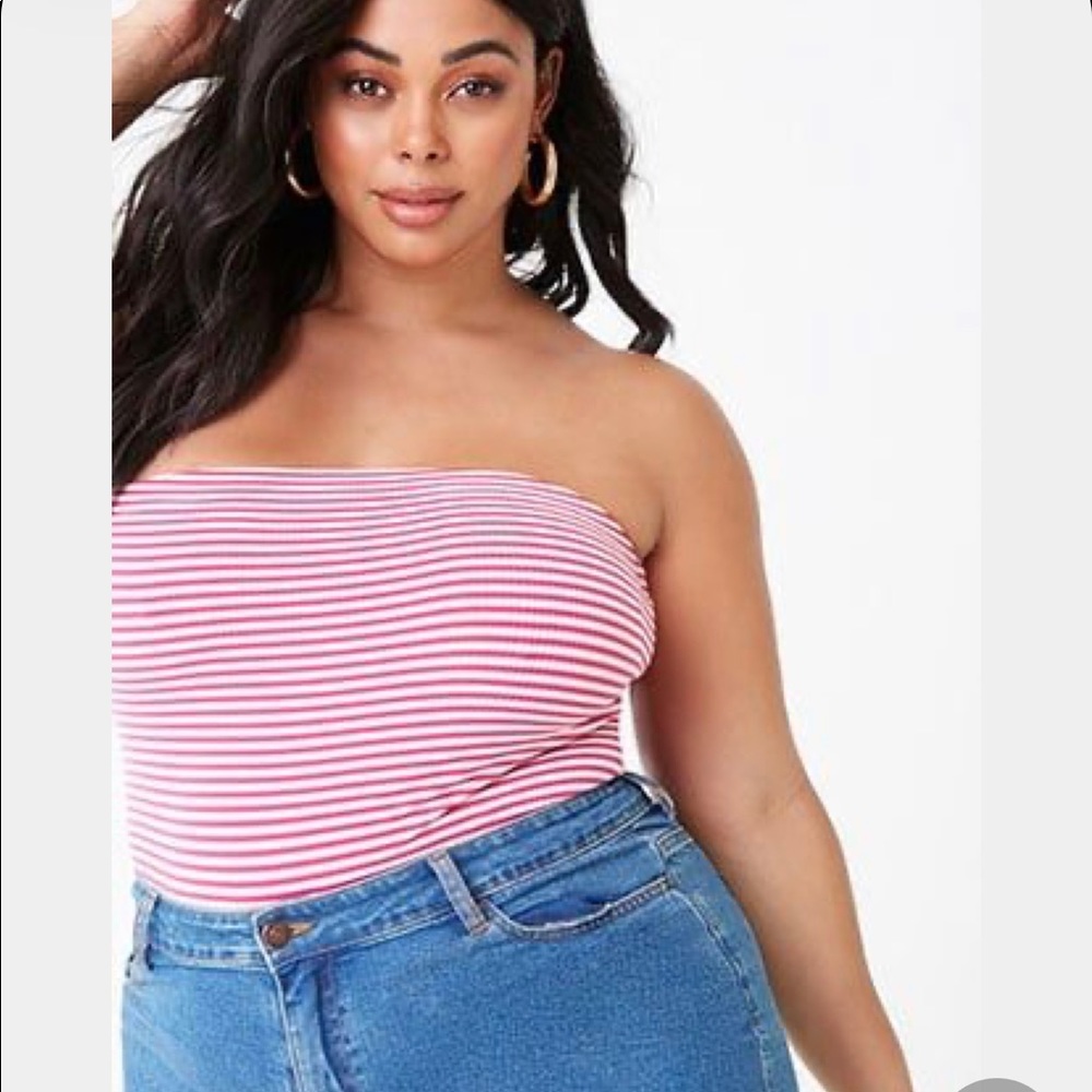 Forever 21 Pink & White Striped Strapless Bodysuit